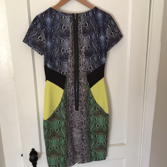 BCBGMaxAzria “Chloe” Blue Green Gray Snakeskin Print w/ yellow Color Block Dress - Picture 3 of 4
